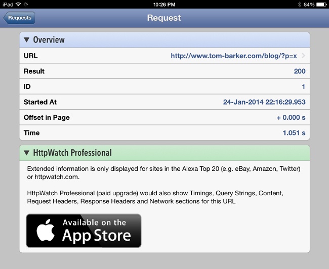 Web performance information from HTTPWatch on iOS7