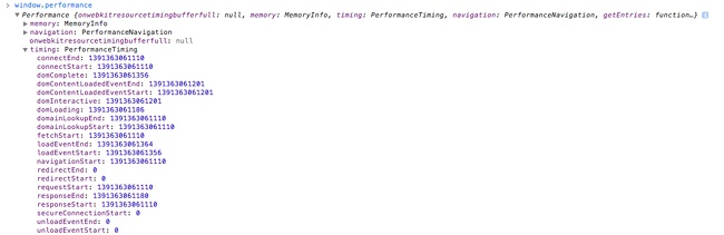 The Performance object viewed in the console with the Performance.Timing object expanded
