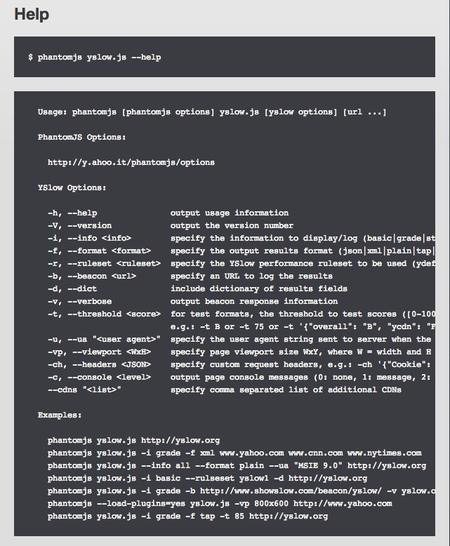 The Help section for YSlow.js