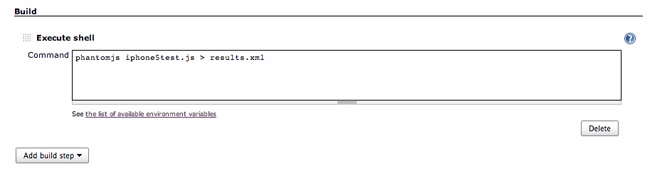 Running our PhantomJS script from the shell during the build process and piping the output to an XML file