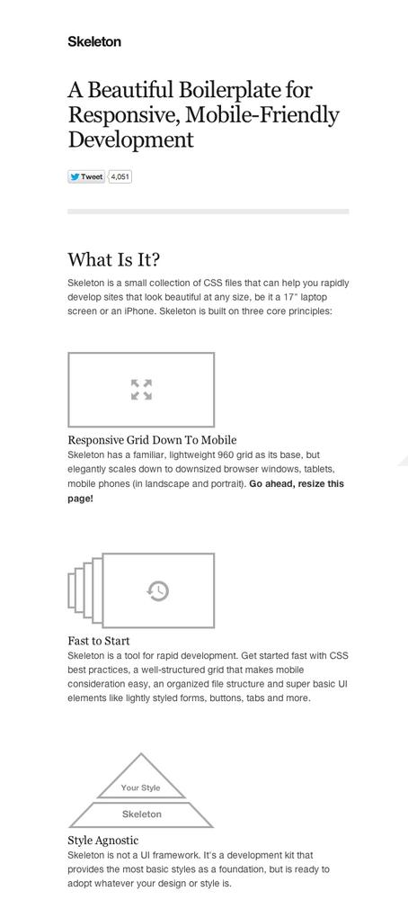 The Skeleton home page with instructions and inline code examples