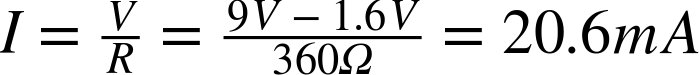 upper I equals StartFraction upper V Over upper R EndFraction equals StartFraction 9 upper V minus 1.6 upper V Over 360 normal upper Omega EndFraction equals 20.6 m upper A
