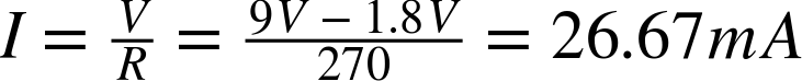 upper I equals StartFraction upper V Over upper R EndFraction equals StartFraction 9 upper V minus 1.8 upper V Over 270 EndFraction equals 26.67 m upper A
