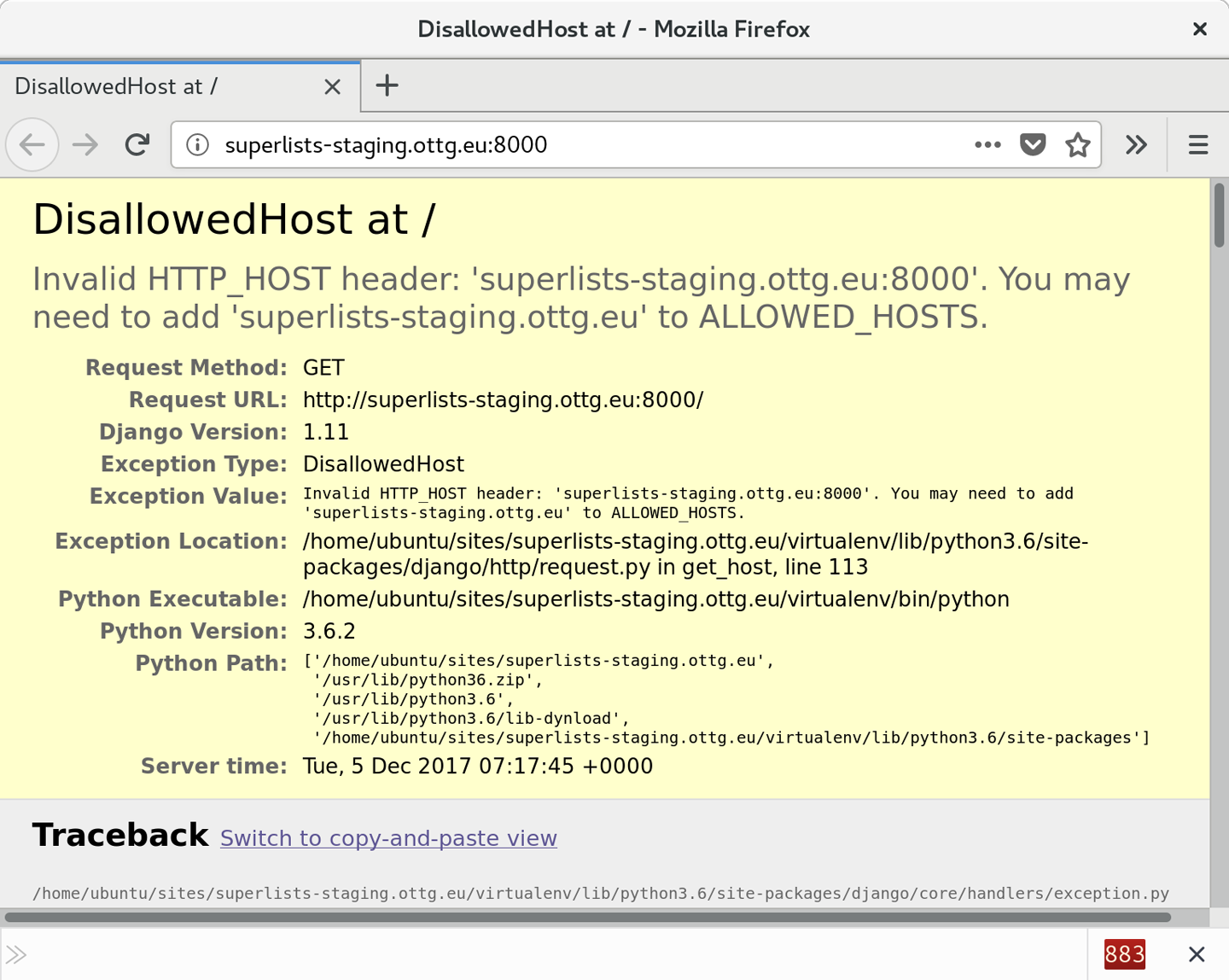 the Django debug page explaining the DisallowedHost error