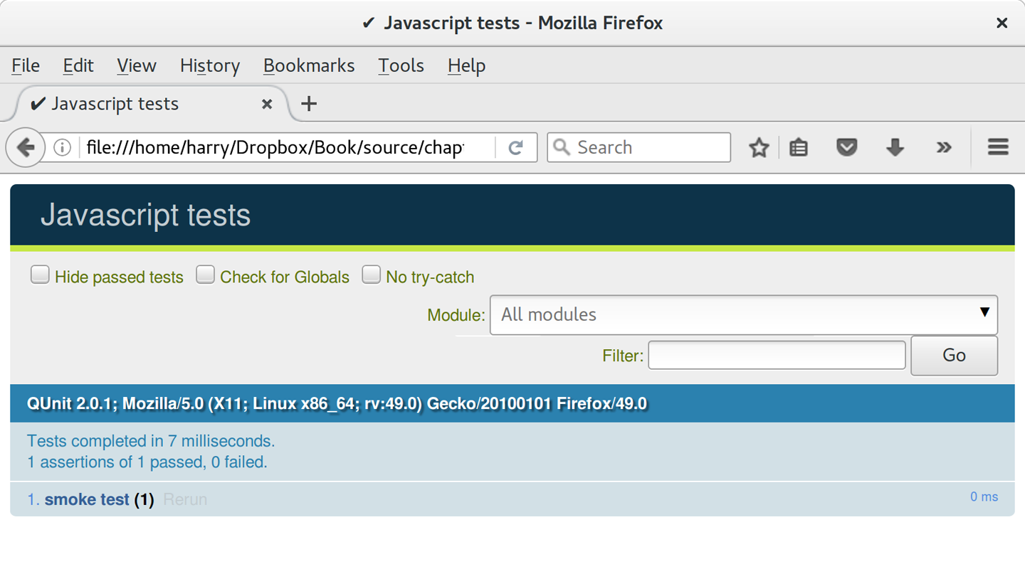 Qunit screen showing 1 passing test