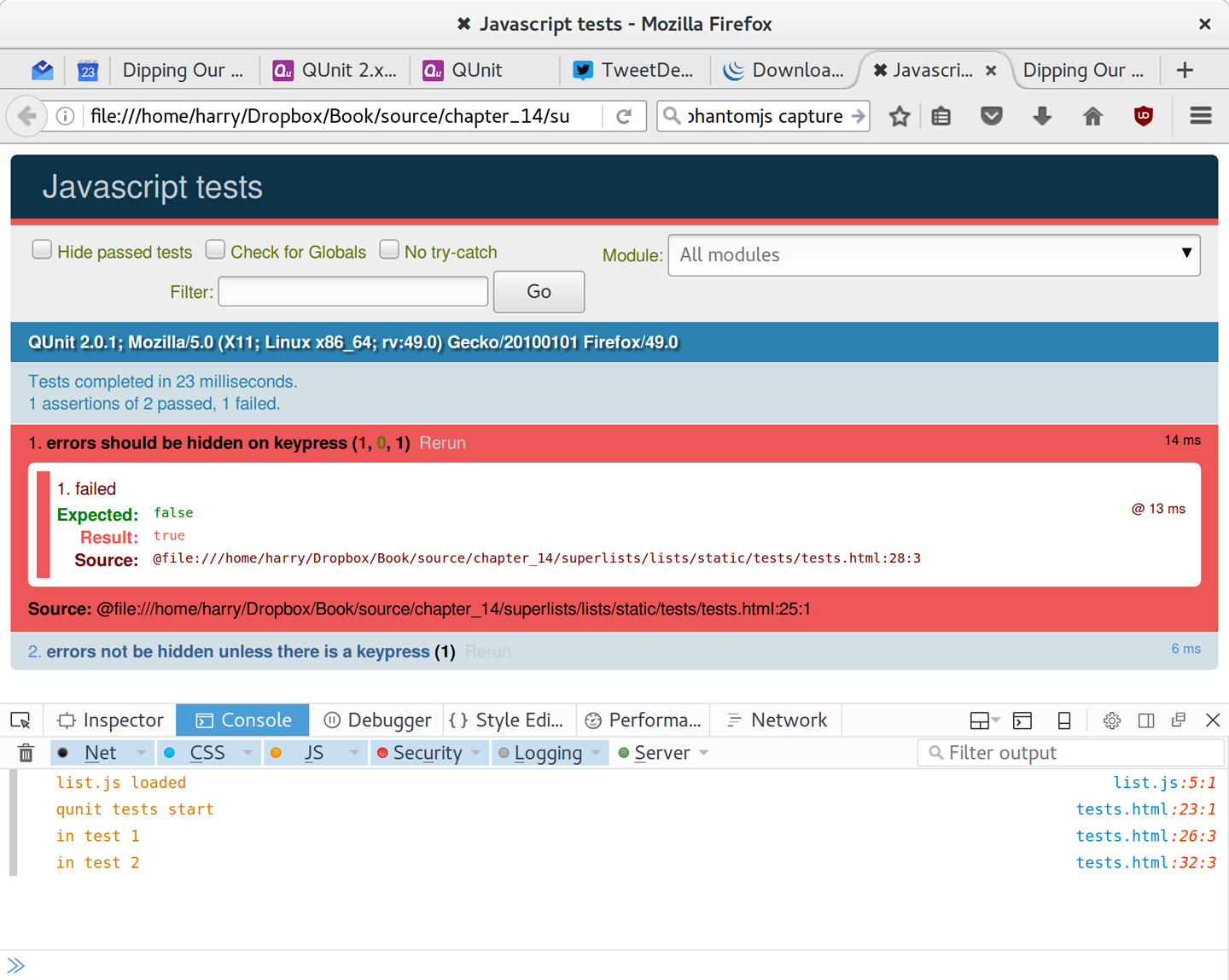 QUnit tests with console.log debug outputs