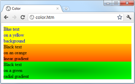 A solid background color, a linear gradient, and a radial gradient