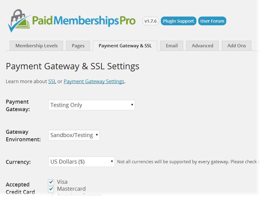 Paid Memberships Pro payment settings