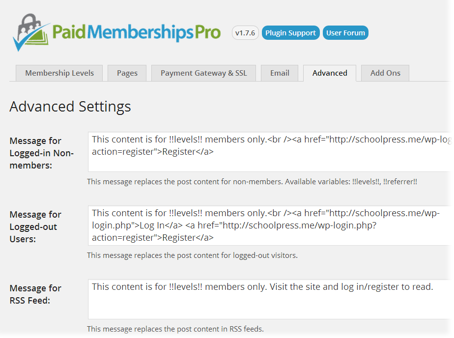 Paid Memberships Pro advanced settings