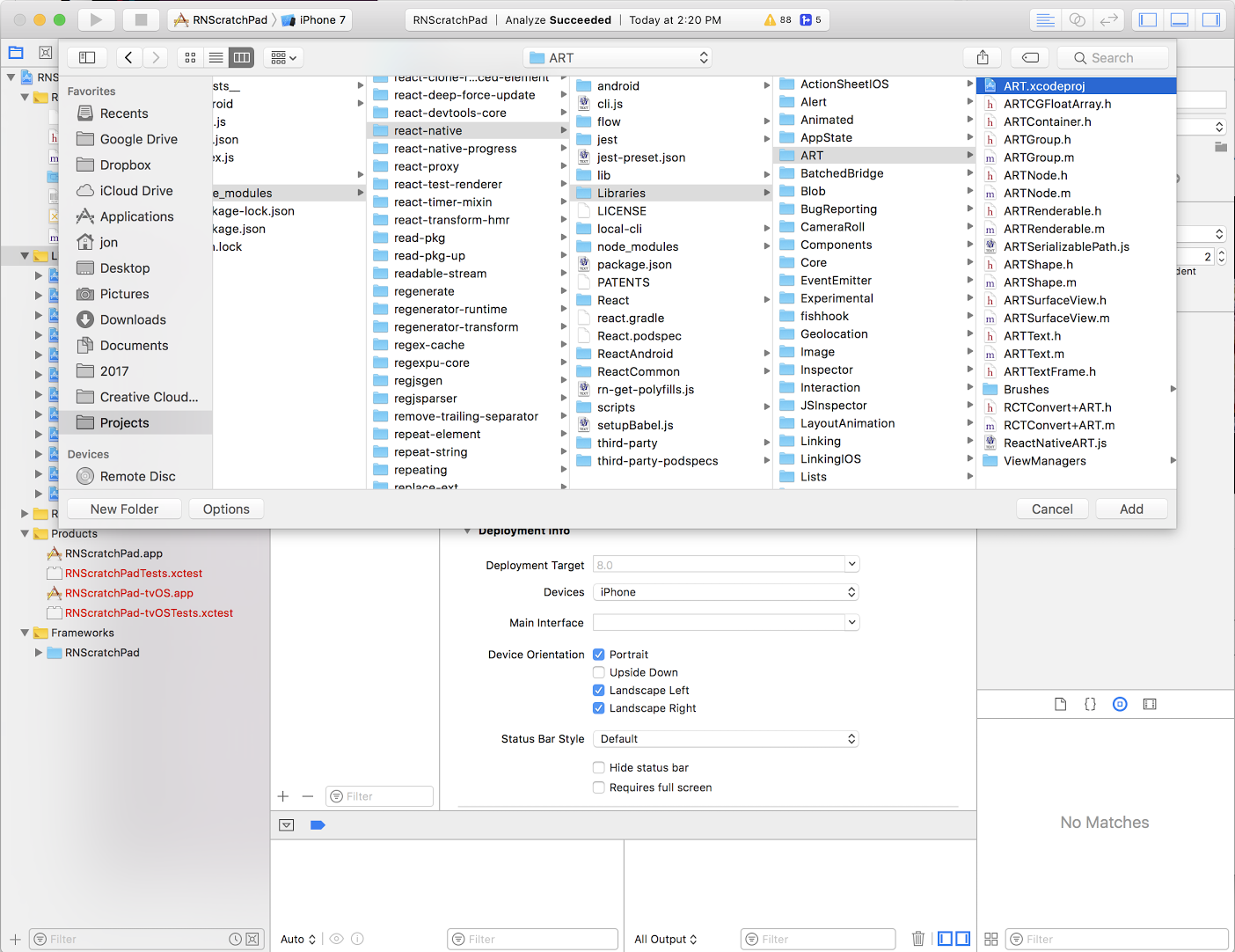Find ART.xcodeproject in the react-native project files