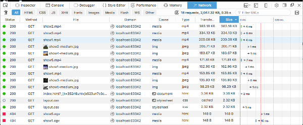 The video file size shown in the web inspector