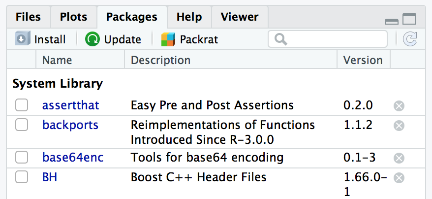 R Studio Packages Window