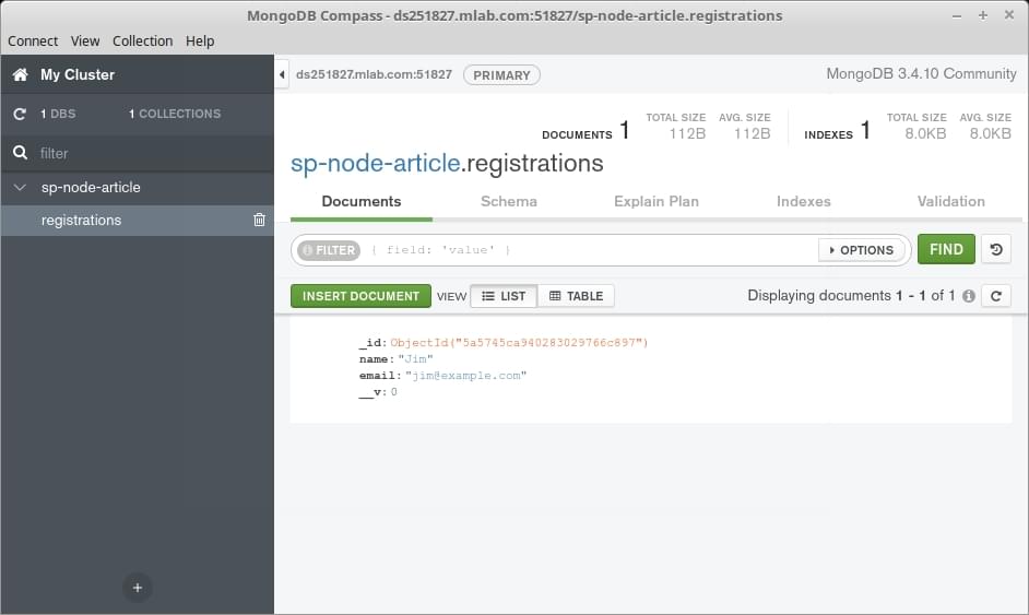 Using Compass to check that our data was saved to MongoDB