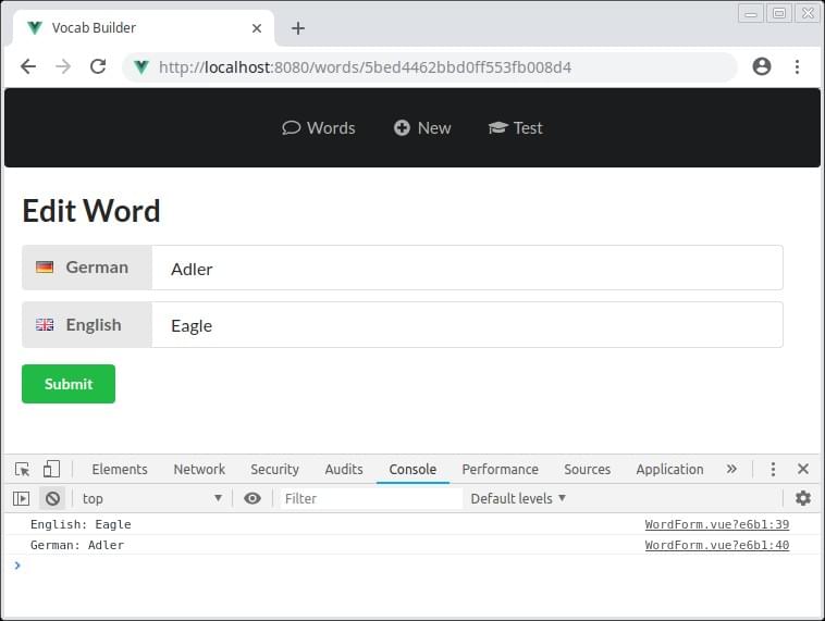 Edit Word screen displaying "Eagle" "Adler"
