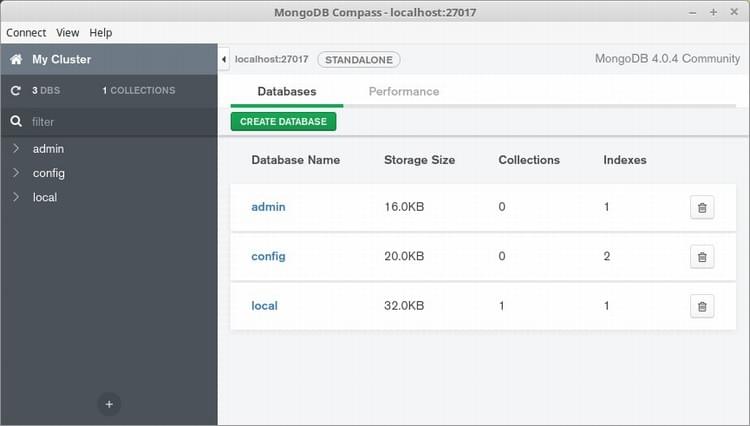MongoDB Compass connected to localhost:27107