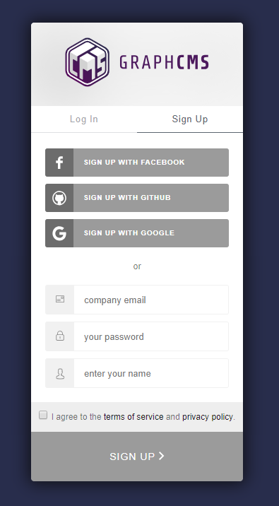 Signing up to GraphCMS