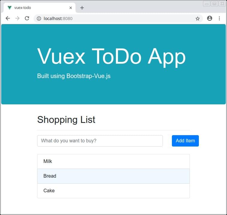 Vuex shopping list app displaying Milk, Bread & Cheese