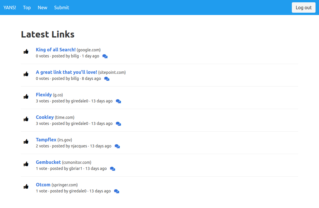 The “new links” page, showing dummy data