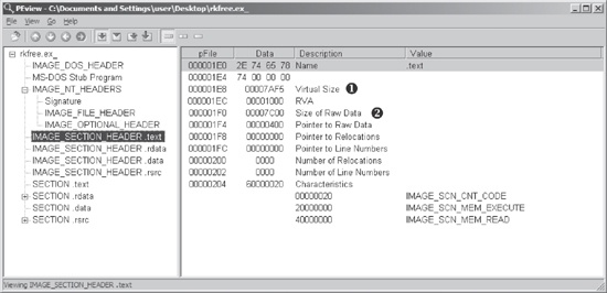 Viewing the IMAGE_SECTION_HEADER .text section in the PEview program