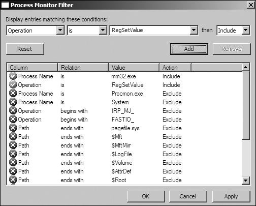 Setting a procmon filter