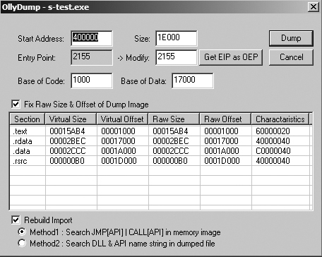 OllyDump plug-in window