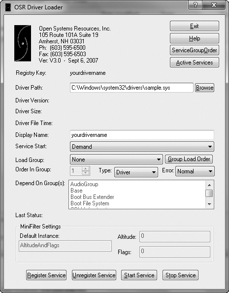 OSR Driver Loader tool window
