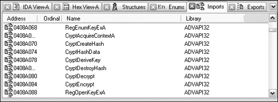IDA Pro imports listing showing cryptographic functions