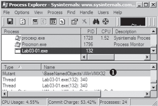 Process Explorer view of Lab03-01.exe showing the mutex it creates