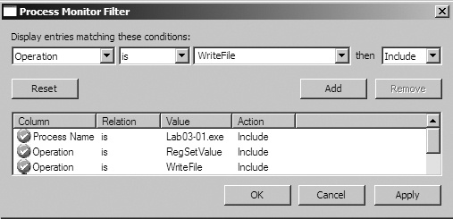 Process Monitor Filter dialog showing filters set on Process Name and Operation