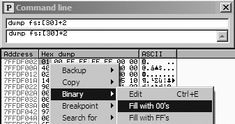 Using the command line to dump the BeingDebugged flag and then setting it to 0