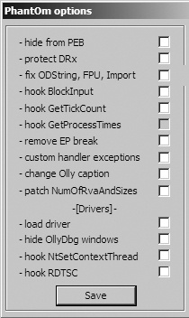 OllyDbg PhantOm plug-in options