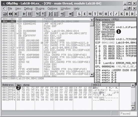 Setting a breakpoint on the stack for Lab18-04.exe