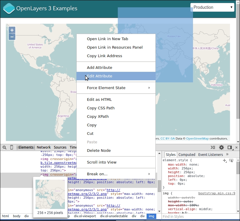 Time for action – using DOM manipulation with OpenStreetMap map images