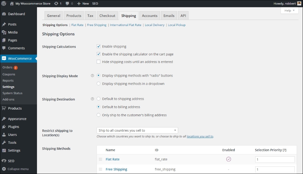The shipping settings tab