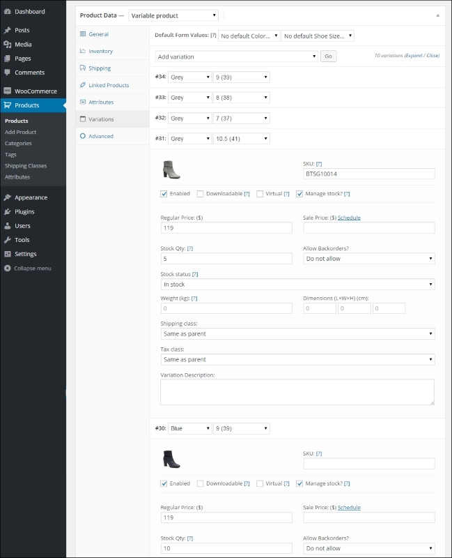 Setting up variable and grouped products