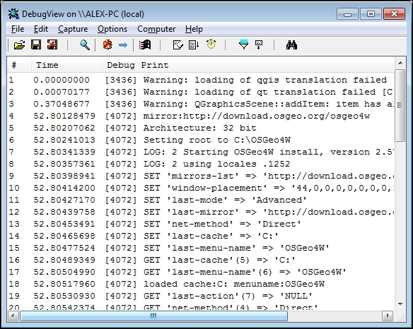 Capturing debug output with DebugView under Windows