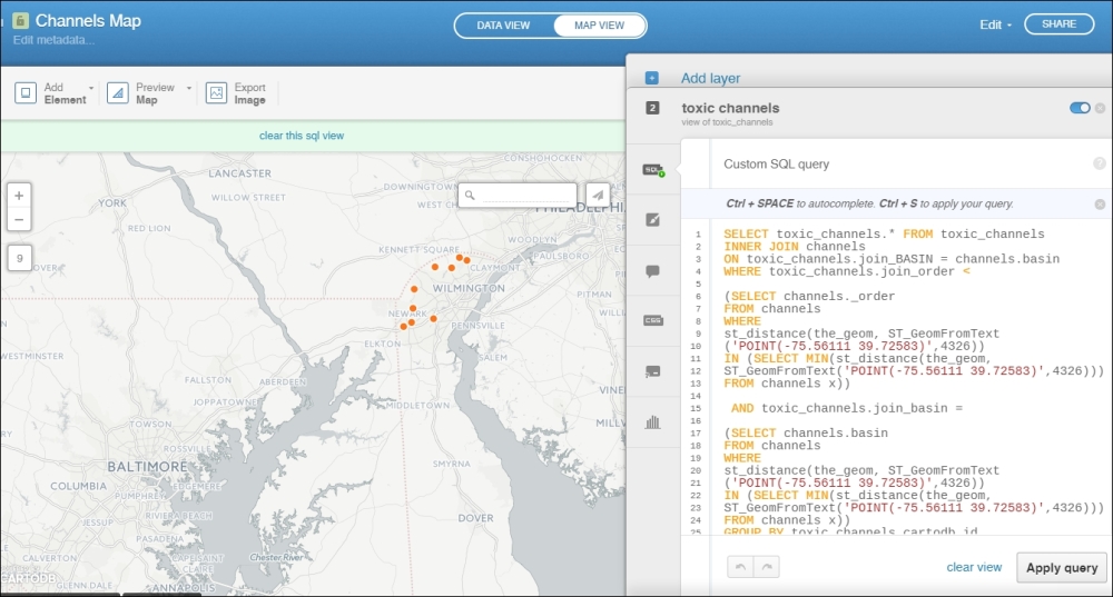 The CartoDB SQL view tab